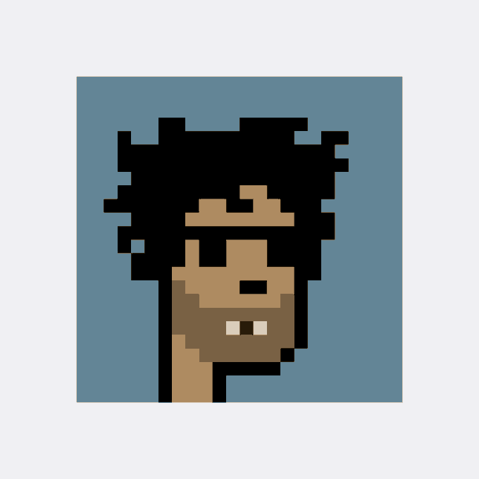 A pixel art portrait of a person with dark curly hair, a beard, and prominent teeth set against a blue background.