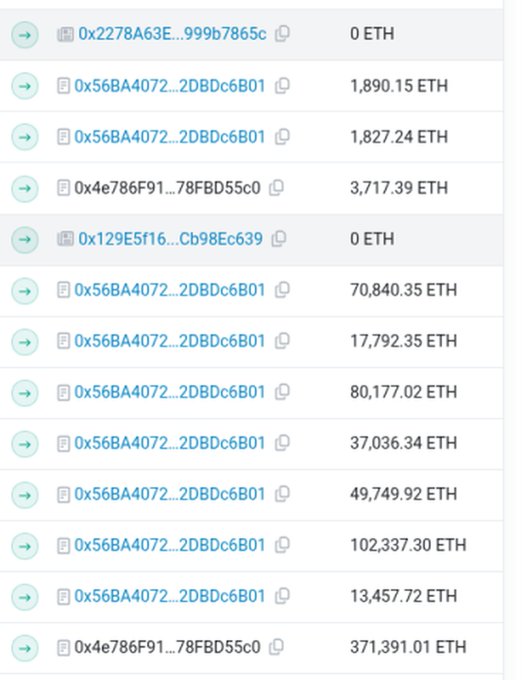 A list of Ethereum (ETH) transactions showing various wallet addresses and amounts, including several large transfers of 70,840.35, 80,177.02, 102,337.30, and 371,391.01 ETH.