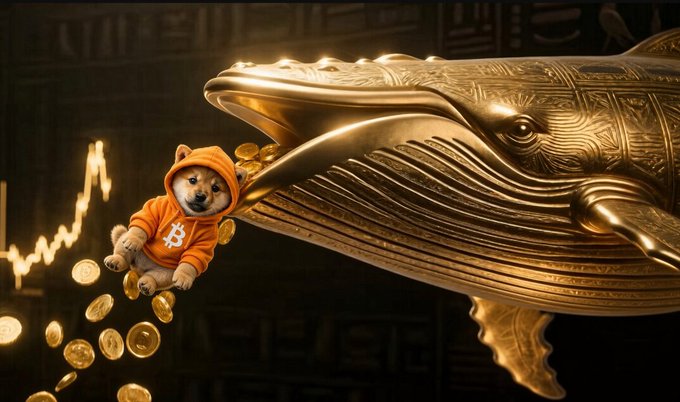 A digital artwork featuring a Shiba Inu dog wearing an orange Bitcoin hoodie, floating next to a large golden whale with intricate carvings, surrounded by falling gold coins and a Bitcoin price chart in the background.