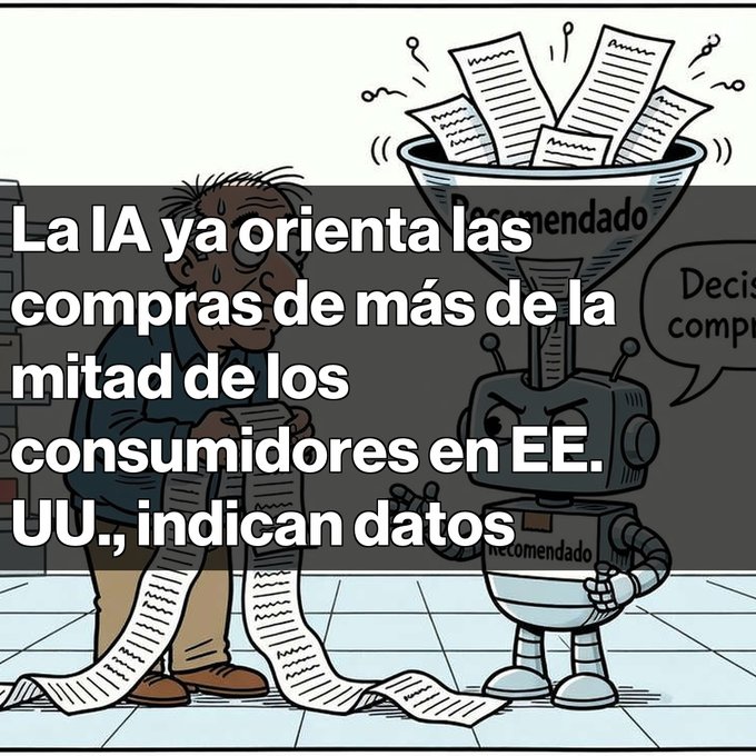 A cartoon illustration featuring a robot handing out receipts labeled 'Recomendado' to a sweating man, with Spanish text overlaid stating 'La IA ya orienta las compras de más de la mitad de los consumidores en EE. UU., indican datos'.
