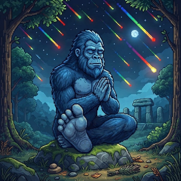 A vibrant digital illustration of a meditating gorilla sitting cross-legged in a mystical forest setting with colorful shooting stars and a moon in the night sky.