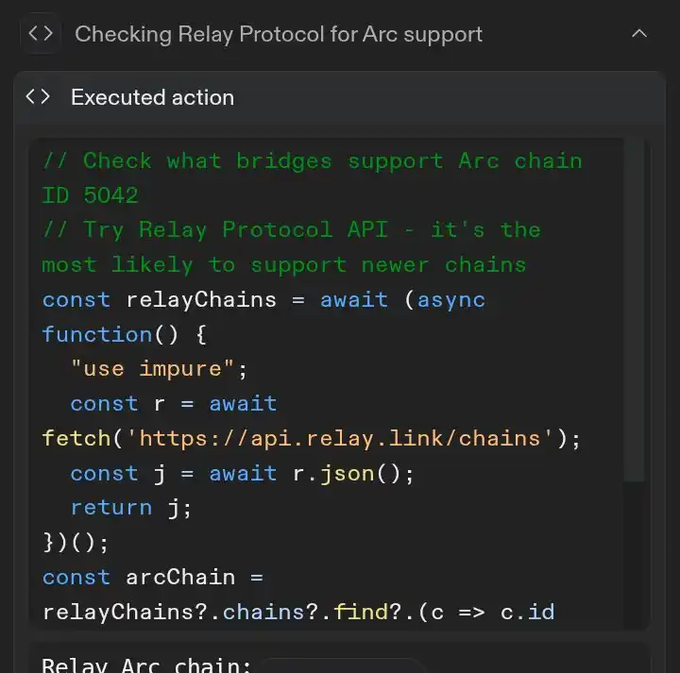 A dark-themed code editor displays a script titled 'Checking Relay Protocol for Arc support' with JavaScript code fetching data from 'https://api.relay.link/chains' to identify an Arc chain.