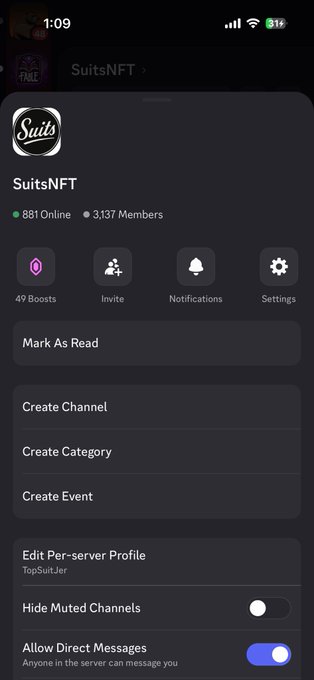 A mobile screenshot of a Discord server named 'SuitsNFT' with 881 online members and 3,137 total members, showing various menu options like Invite, Notifications, Settings, and Allow Direct Messages.