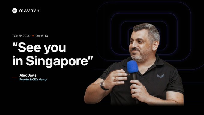 A promotional image for the MAVRYK TOKEN2049 conference (Oct 6-10) featuring Alex Davis, Founder & CEO, with the text 'See you in Singapore.'