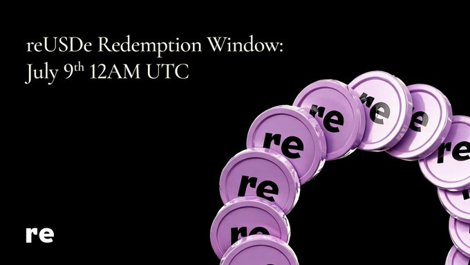 A purple and black promotional graphic for the "reUSDe Redemption Window: July 9th 12AM UTC," featuring stacked purple coins branded with "re" and the Ethena "re" logo in the bottom left corner. The image visually announces the opening of Ethena's first reUSDe token redemption period, as detailed in the accompanying post.
