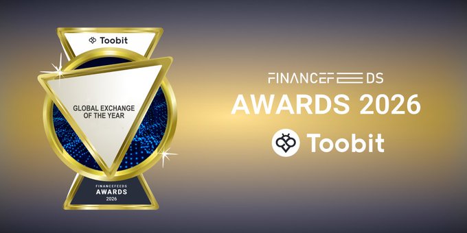 A promotional banner for Toobit winning 'Global Exchange of the Year' at the FinanceFeeds Awards 2026, featuring a gold and blue trophy.