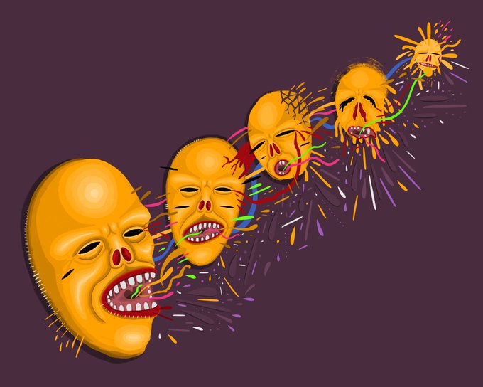A digital illustration showing a sequence of yellow faces with exaggerated expressions, from a grinning face to a screaming skull, connected by colorful streaks and particles.