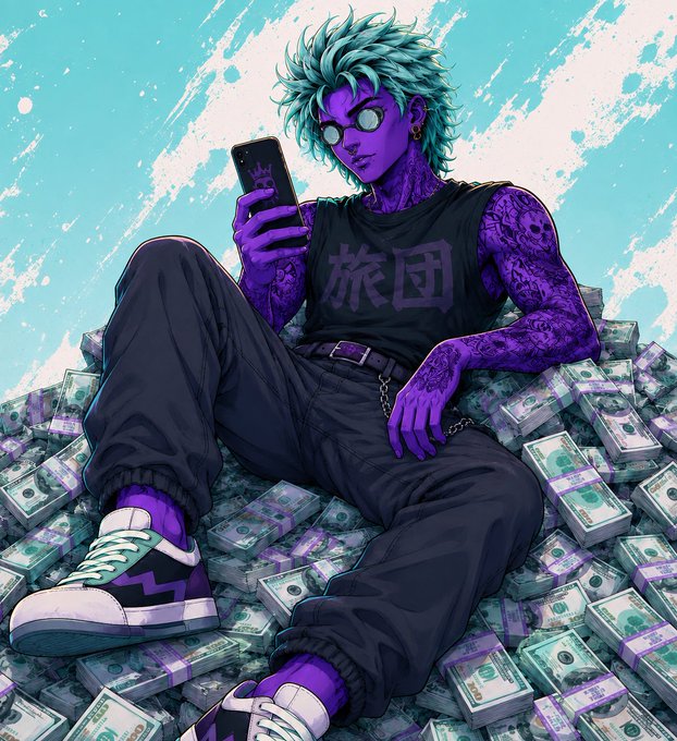 An anime-style illustration of a purple-skinned character with blue spiky hair, wearing a black tank top with Asian characters, black cargo pants, and sneakers, sitting on a pile of money bundles while looking at a smartphone.