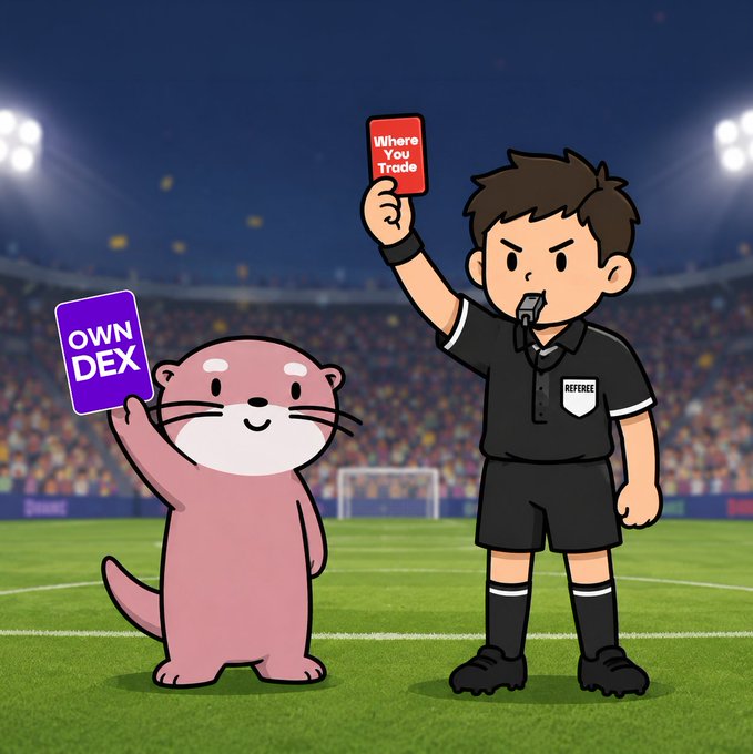 A cartoon otter mascot labeled "OWN DEX" holds up a card next to a referee on a soccer field who brandishes a red card reading "Where You Trade," illustrating the post's message about leaving centralized exchanges to build your own DEX using Orderly One.