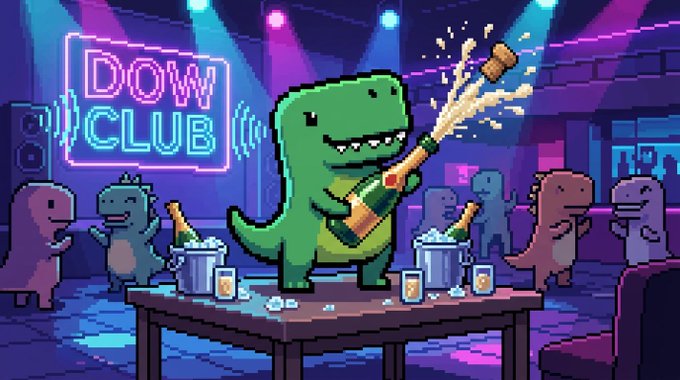 A pixel art dinosaur pops champagne bottles on a stage under a glowing "DOW CLUB" neon sign, surrounded by dancing dino spectators. The celebratory scene visually echoes the post's sarcastic thanks to OpenSea, suggesting the project is celebrating a milestone—likely finally being featured or listed—after being overlooked as a "hidden collection."