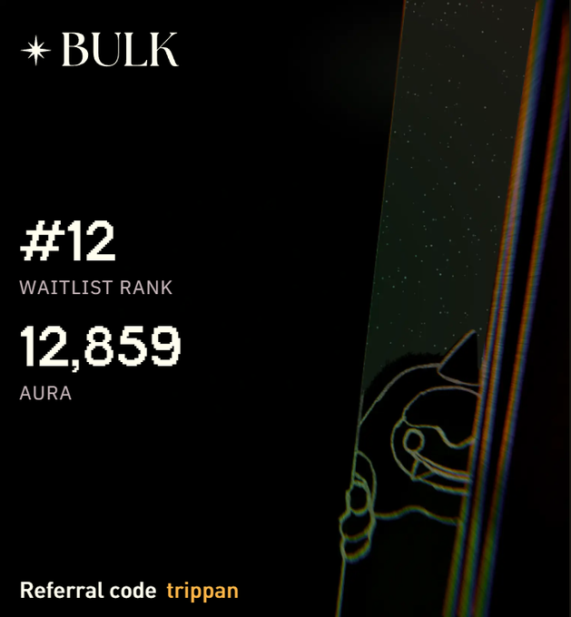 The image features a poster advertising a product called @bulktrade for Aura. The background of the poster is black, with a white border around the edges. In the center, there are two images side by side that appear to be from different years - one showing a black frame and another depicting an orange and green frame.

The first image shows a poster of a cat inside a black box at 12:48. The second image features an orange-green poster with white text and a yellow triangle below it. The text on the poster reads "Week 1 of @bulktrade for Aura. * Max farming, deposited on Monday. * Best stables farm, likely best farm in crypto. * Deposit usdc, no trading / risk required. * Very early."

In addition to these images, there is a reference code that starts with "trippan" and goes on to state the terms of the advertisement: "Focus on what is in the image and how it relates to the post."