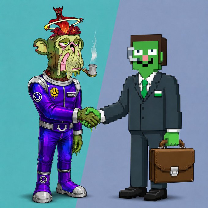 Digital illustration of a grotesque green character in a purple suit with a small rooster on its head shaking hands with a pixelated green character in a black suit holding a briefcase.