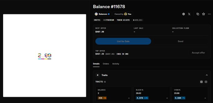 A dark-mode marketplace listing titled “Balance #11678” shows ETH721, ETHEREUM, token #11678, best offer “$497.26,” and trait values including Balance 2, Black % 26.62, and Criers % 23.96; a large white preview panel appears mostly blank with small unreadable marks.