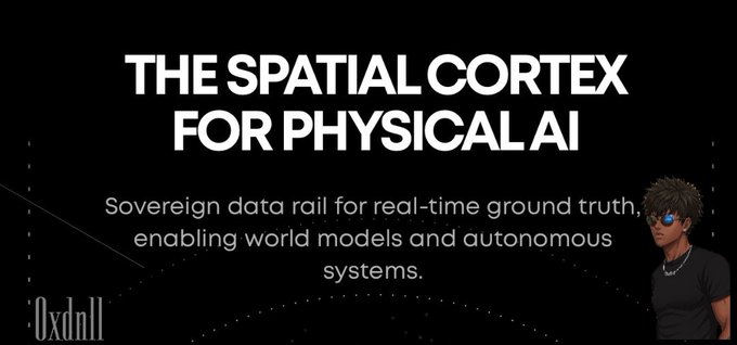 Marketing banner for Oxdnl reading 'THE SPATIAL CORTEX FOR PHYSICAL AI' describing it as a sovereign data rail for real-time ground truth, featuring an avatar character.