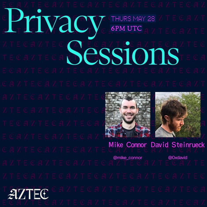 The image features a poster for an event called "Privacy Sessions" that will take place at 6pm. The poster has two men's faces, one smiling and the other looking serious, with their names displayed below them. They are positioned against a dark blue background adorned with white text. The post also includes a link to RSVP information, indicating that attendees should respond within an hour for full participation in the event.