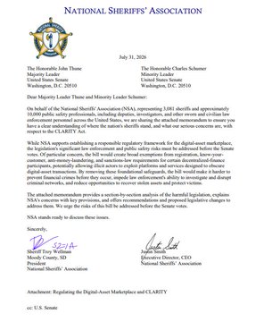 An official document from the National Sheriffs' Association dated July 31, 2020, addressed to The Honorable John Thune and The Honorable Charles Schumer, proposing 10,000 public safety professionals for digital-asset market education and registry. It is signed by Sheriff Pete Weltman and Executive Director Joseph Smidt.