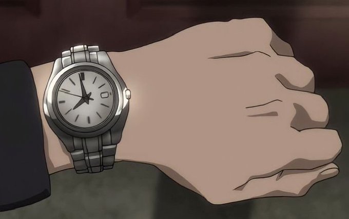 An anime-style illustration of a person's wrist wearing a silver analog watch, with the hands clenched into a fist.