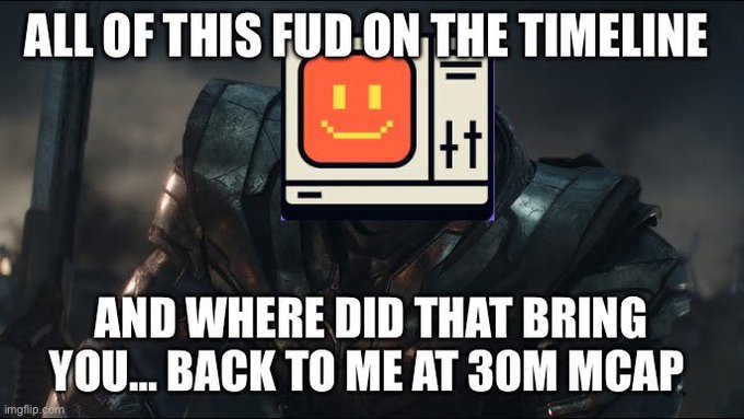A meme featuring an armored knight character with a Reddit logo as a face, with text reading 'ALL OF THIS FUD ON THE TIMELINE AND WHERE DID THAT BRING YOU... BACK TO ME AT 30M MCAP.'