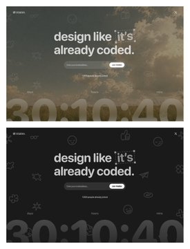 Two dark-themed design mockups displaying the text 'design like it's already coded.' over a large countdown timer graphic.
