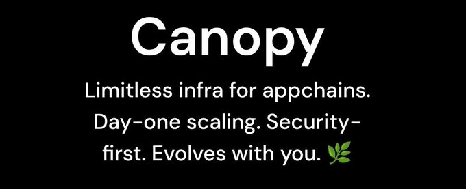 A black promotional card for 'Canopy' reads 'Limitless infra for appchains. Day-one scaling. Security-first. Evolves with you.' accompanied by a small green leaf icon.