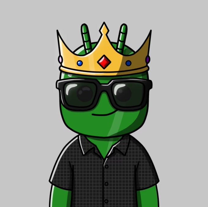 A cartoon illustration of a green alien or character wearing black sunglasses, a black shirt, and a golden crown adorned with jewels.