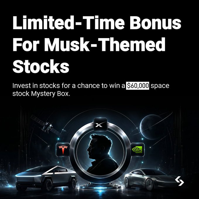 A promotional banner reading "Limited-Time Bonus For Musk-Themed Stocks" inviting investors to trade Musk-related stocks for a chance to win a $60,000 space stock Mystery Box, featuring imagery of a Tesla Cybertruck, a Tesla sedan, the X logo, the Tesla logo, the NVIDIA logo, and a satellite, visually tying into Bitget's limited-time rTokens offer to share the 635 rRKLB prize pool for Musk-related stock trades.