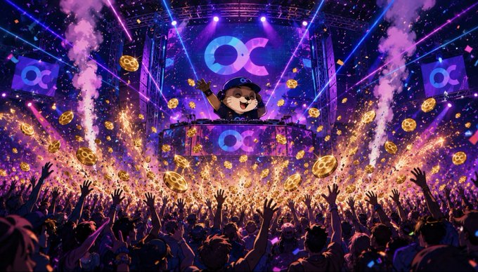 A vibrant concert scene featuring a dog DJ at a booth with 'O' symbols on screens, surrounded by purple lights, smoke effects, confetti, and flying gold coins above an enthusiastic crowd with raised hands.