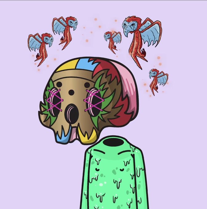 A colorful illustration of a decorated skull with pink star-eyes and a colorful helmet on a green melting stem, surrounded by small flying bat-like creatures on a light purple background.