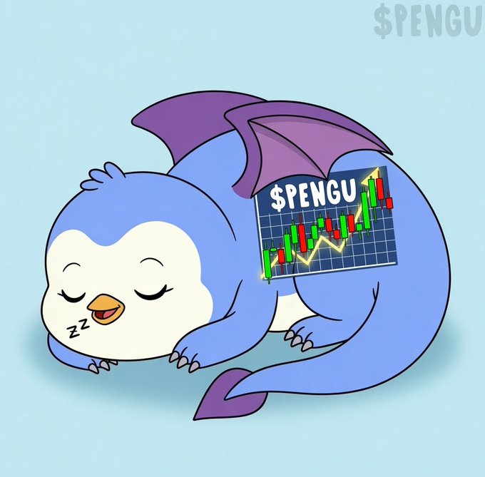 A cartoon penguin with purple bat-like wings sleeps peacefully, dreaming of an upward-trending "$PENGU" candlestick chart with a rising yellow arrow—visually capturing the post's "Beware of the sleeping giant $PENGU" message by suggesting the coin's potential is quietly building while the mascot rests.