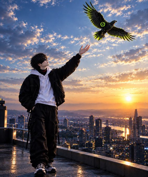 Digital artwork showing an anime-style character in a white hoodie and black jacket reaching up to a dark bird with glowing green eyes against a sunset cityscape.