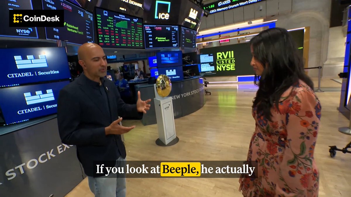 The image shows an interview between a CoinDesk reporter and Robinhood CFO Shiv Verma on the floor of the New York Stock Exchange, with visible screens displaying "Robinhood Ventures Fund I," "Citadel Securities," and a graphic indicating "RVII LISTED NYSE." This relates to the interview discussing Robinhood Chain's growth as a top-three blockchain by activity, particularly following the listing of "RVII."