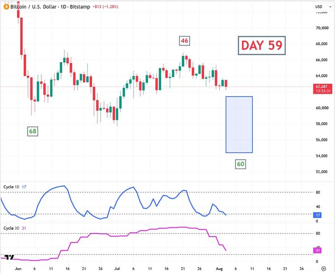 A Bitcoin/U.S. Dollar daily chart on Bitstamp showing price around $62,687, annotated with 'DAY 59', a highlighted zone between $54,000-$57,000, and Cycle 1D (17) and Cycle 3D (31) indicators at the bottom.