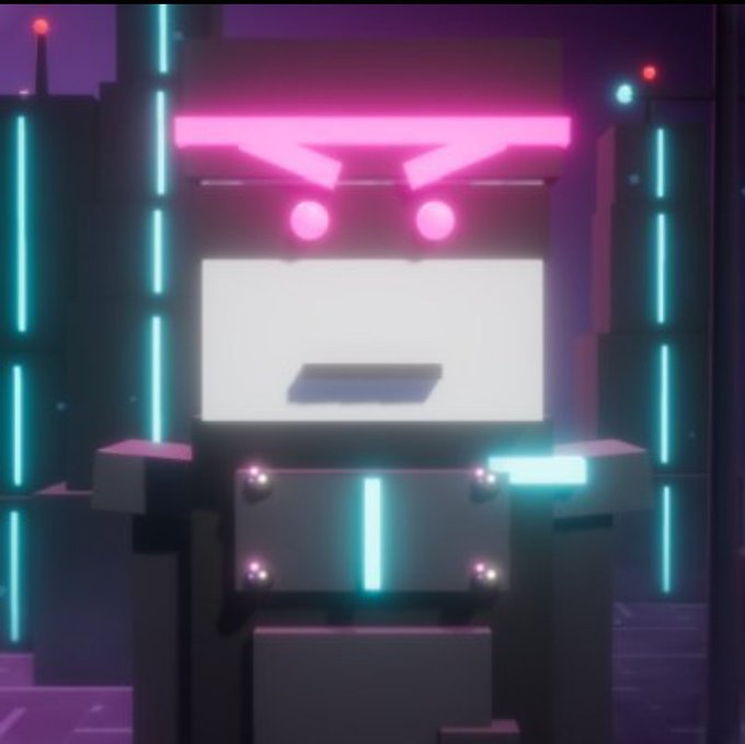 A neon-lit robotic figure with glowing pink angled eyes and a bright white rectangular screen for a face stands against a backdrop of futuristic cyan vertical light strips.