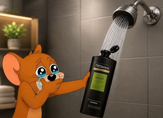 The image depicts a cartoon scene featuring Jerry from "Tom and Jerry" crying big tears while reaching out toward a large black bottle of TRESemmé Botanique shampoo (28 fl oz / 828 mL) on a shower shelf, with water from the showerhead spraying onto the bottle. The caption ties into the post's reference to a "Crying $jerry viral" meme, humorously portraying Jerry as distraught over the shampoo being washed away.