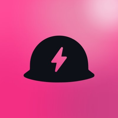 A digital icon featuring a black hard hat with a pink lightning bolt symbol on a bright pink gradient background.