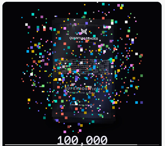 A promotional graphic with colorful pixelated confetti scattered across a dark background, featuring text that reads 'QUANTUMECHOES', 'SUPERPOSITION', and the number '100,000' at the bottom.