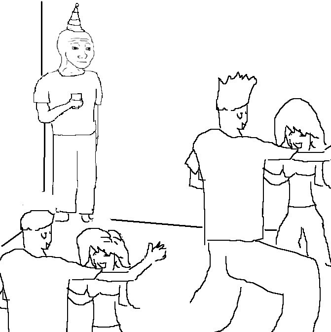 A black and white drawing of a sad-looking person in a party hat standing alone with a drink while others socialize at a party.