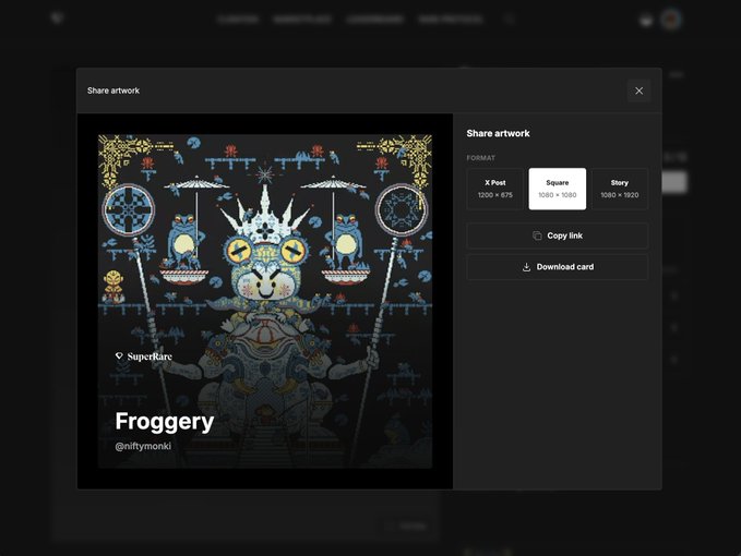 Spotify share artwork interface displaying pixel art titled 'Froggery' by SuperRare artist @nfttymonki, with format options for X Post, Square, or Story.