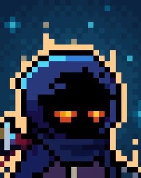 A pixel art image of a hooded, shadowy figure with glowing orange eyes set against a blue background with floating particles.