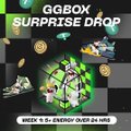A black and white checkered background features a green hexagon with a white figure inside, surrounded by gold coins and the text "GGBOX Surprise Drop" and "Week 1 - Energy Over 24 Hours".