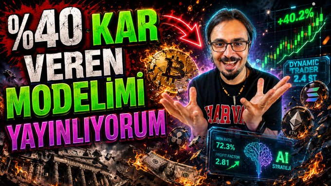 A man with glasses and a "MARVEL" shirt gestures excitedly in front of a fiery backdrop featuring a Bitcoin coin, a stock chart showing "+40.2%," and trading metrics including "WIN RATE 72.3%," "PROFIT FACTOR 2.81," and "DYNAMIC TRADER 2.4 $T" with "AI STRATEJI." Bold Turkish text reads "%40 KAR VEREN MODELİMİ YAYINLIYORUM" (I'm publishing my model that gives 40% profit), directly promoting the video's claim of a high-return AI altcoin trading system.