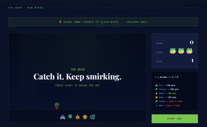 A screenshot of a web-based game called "THE GRIN - WIN $TOAD" with the message "Catch it. Keep smirking" and instructions to press start to begin, showing score, lives, and level indicators.