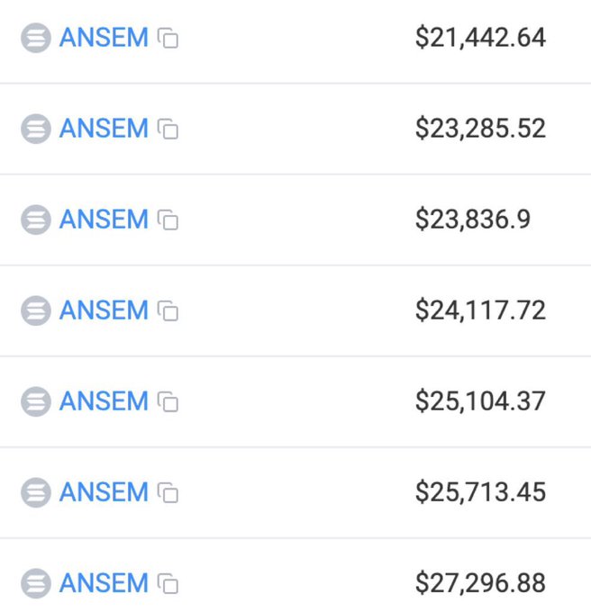 The image shows a list of $ANSEM token holdings or transactions with values ranging from $21,442.64 to $27,296.88, likely serving as proof of the airdrop distribution being promoted in the tweet, where users are encouraged to drop their Solana addresses to claim tokens.