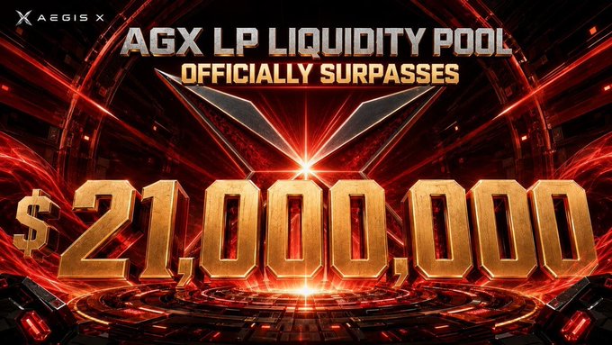 A bold, fiery promotional graphic from Aegis X (AEGISX) announces that the AGX LP Liquidity Pool has officially surpassed $21,000,000, featuring a metallic "X" logo against red and gold dramatic effects to celebrate the new DeFi milestone for the $AGX ecosystem.
