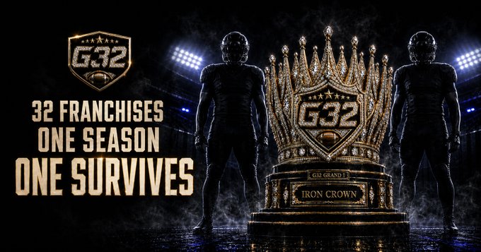 A promotional poster for 'G32 Grand II' featuring two football players flanking a jeweled 'Iron Crown' trophy, with text reading '32 FRANCHISES ONE SEASON ONE SURVIVES.'