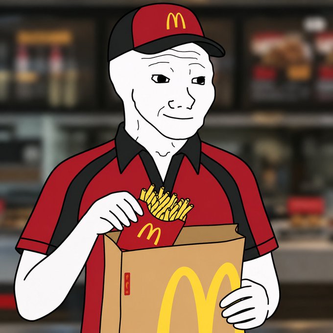 An illustrated Wojak-style character wearing a McDonald's cap and red/black uniform holds a McDonald's paper bag and a carton of French fries inside a restaurant setting.