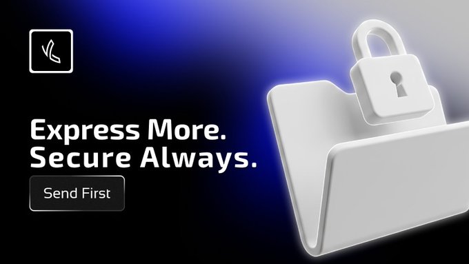 A 3D-style graphic shows a white folder and padlock icon alongside the text "Express More. Secure Always." and a "Send First" button against a dark blue gradient background.