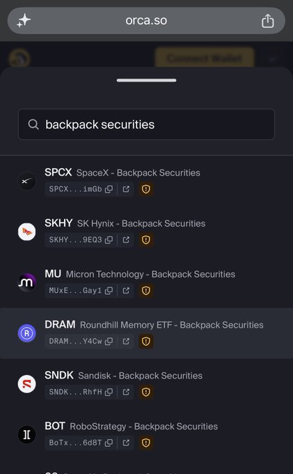 A screenshot of the orca.so trading platform showing a search for 'backpack securities' with results including SPCX (SpaceX), SKHY (SK Hynix), MU (Micron Technology), DRAM (Roundhill Memory ETF), SNDK (Sandisk), and BOT (RoboStrategy).