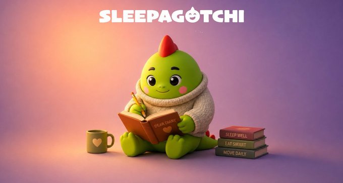 A cute green dinosaur-like 3D character wearing a hoodie, writing in a "DEAR DIARY" book, accompanied by a heart mug and stacked books labeled "SLEEP WELL", "EAT SMART", and "MOVE DAILY", under the text "SLEEPAGOTCHI".