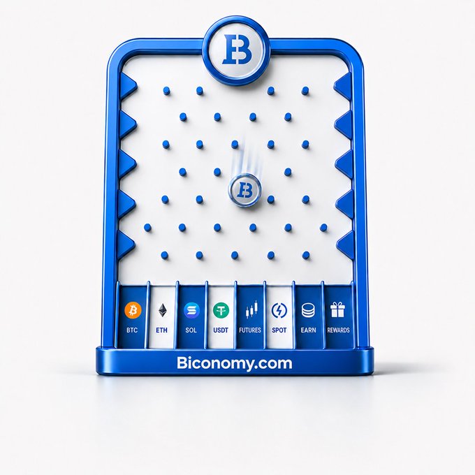 A 3D illustration of a blue and white pegboard or Plinko-style game with a 'B' token at the top, featuring cryptocurrency ticker icons (BTC, ETH, SOL, USDT, FUTURES, SPOT, EARN, REWARDS) at the bottom and 'Biconomy.com' branding.